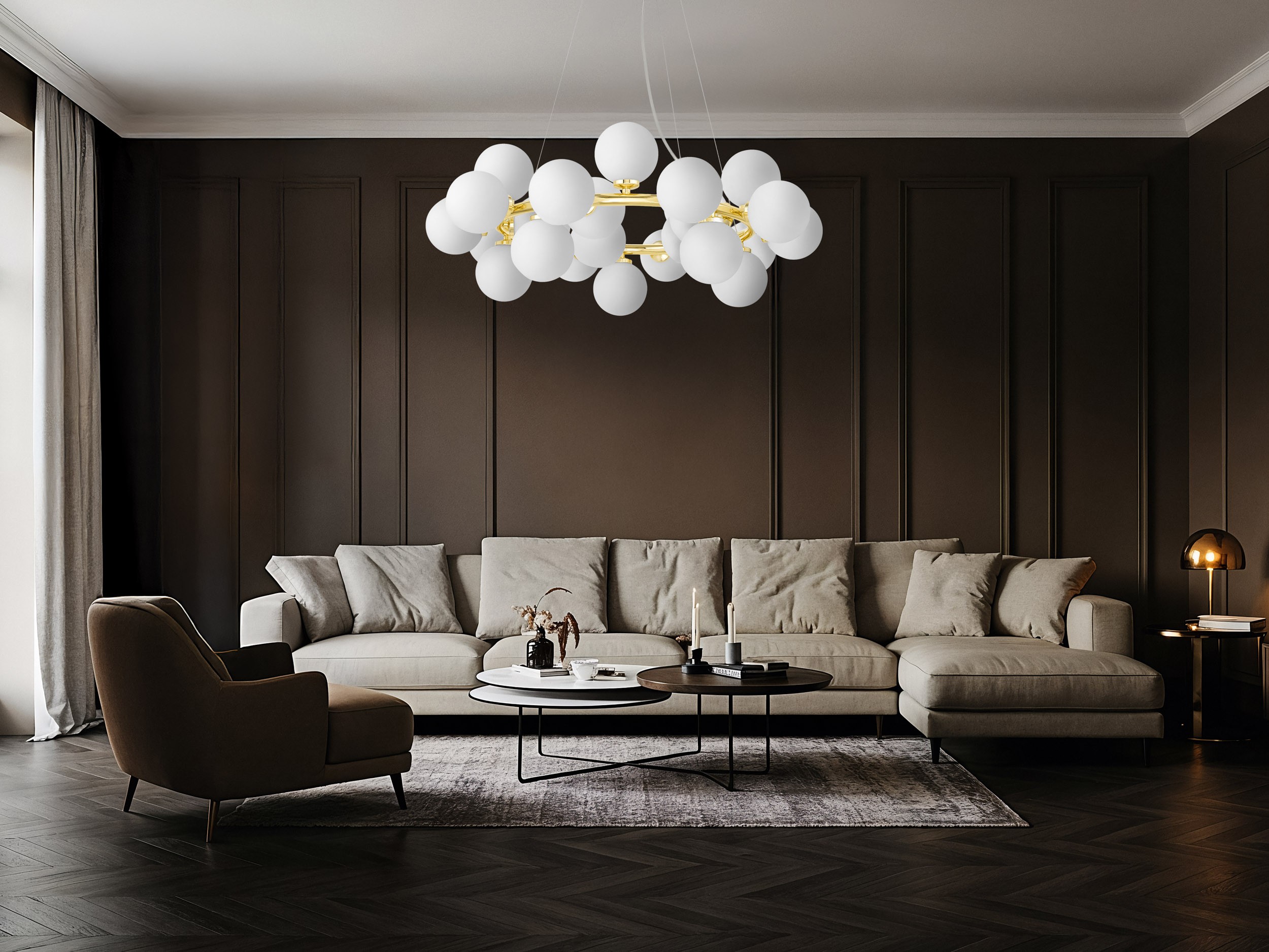 Nowoczesna lampa wisząca złota z białymi kulami MARSIADA 25 Lumina Deco – eleganckie oświetlenie do salonu w stylu nowoczesnym
