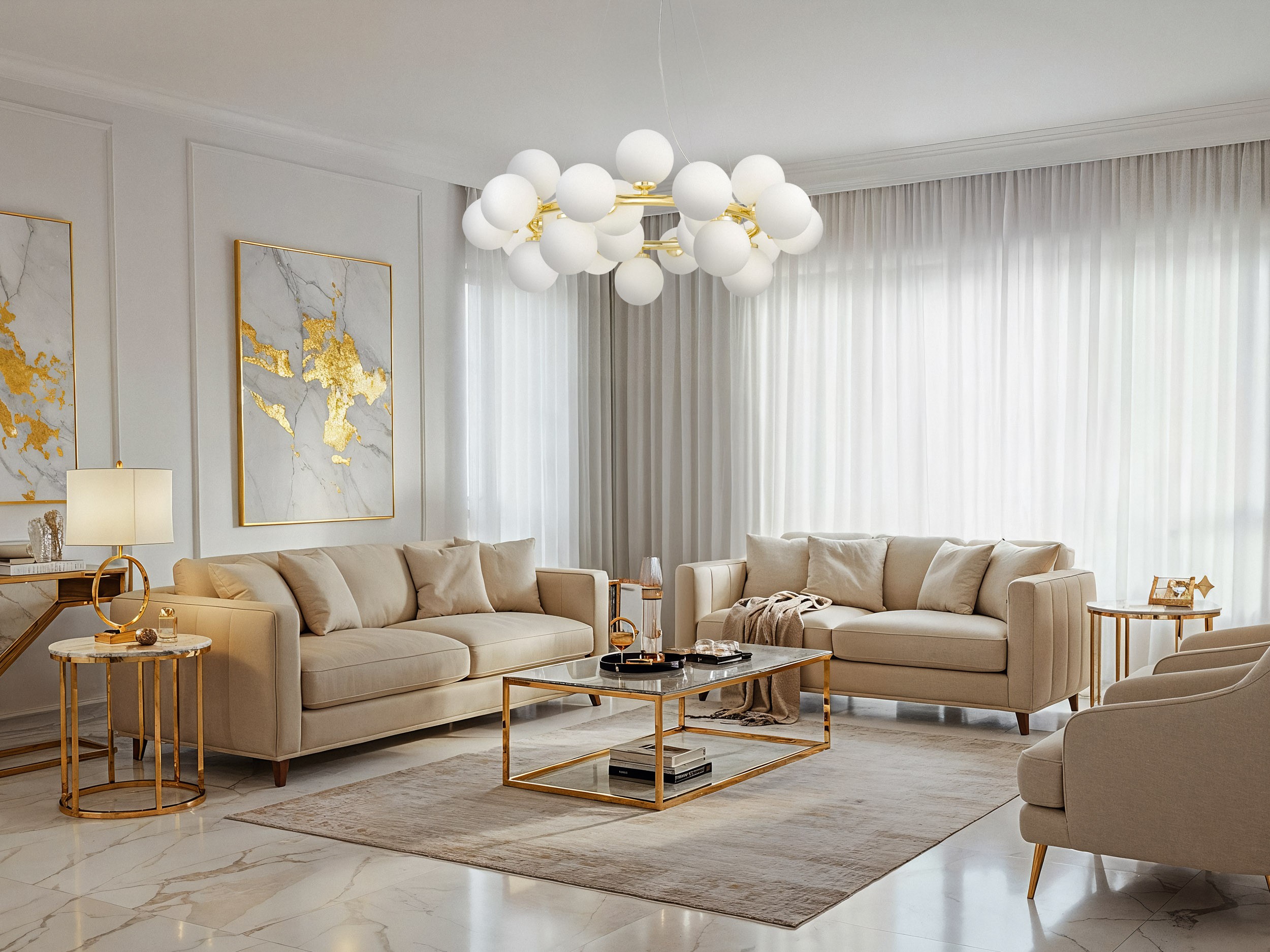 Złota lampa wisząca MARSIADA 25 Lumina Deco z kulistymi kloszami – nowoczesne oświetlenie dekoracyjne w salonie w stylu modern