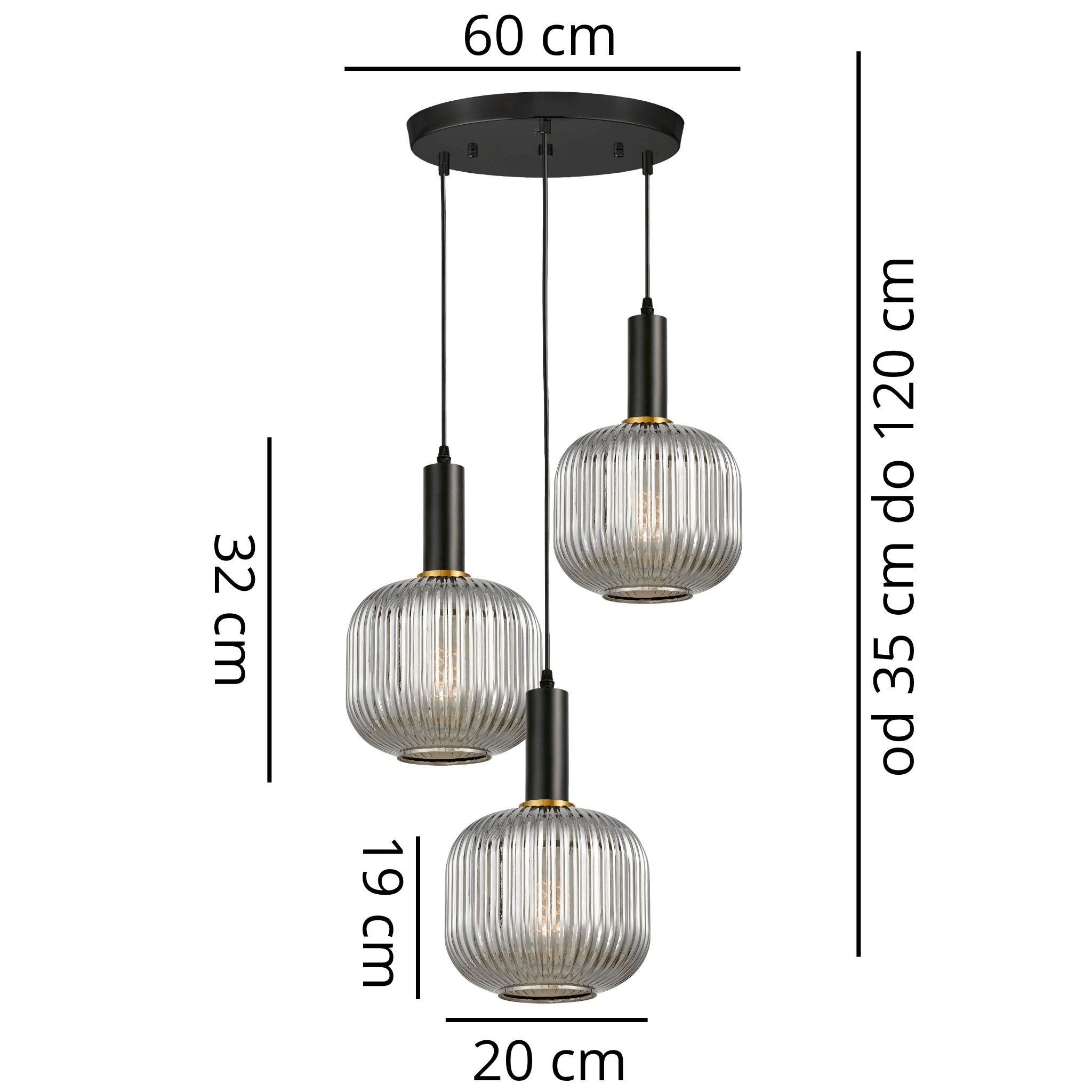 Potrójna lampa wisząca loft dymiona GATO W3-RD - wymiary