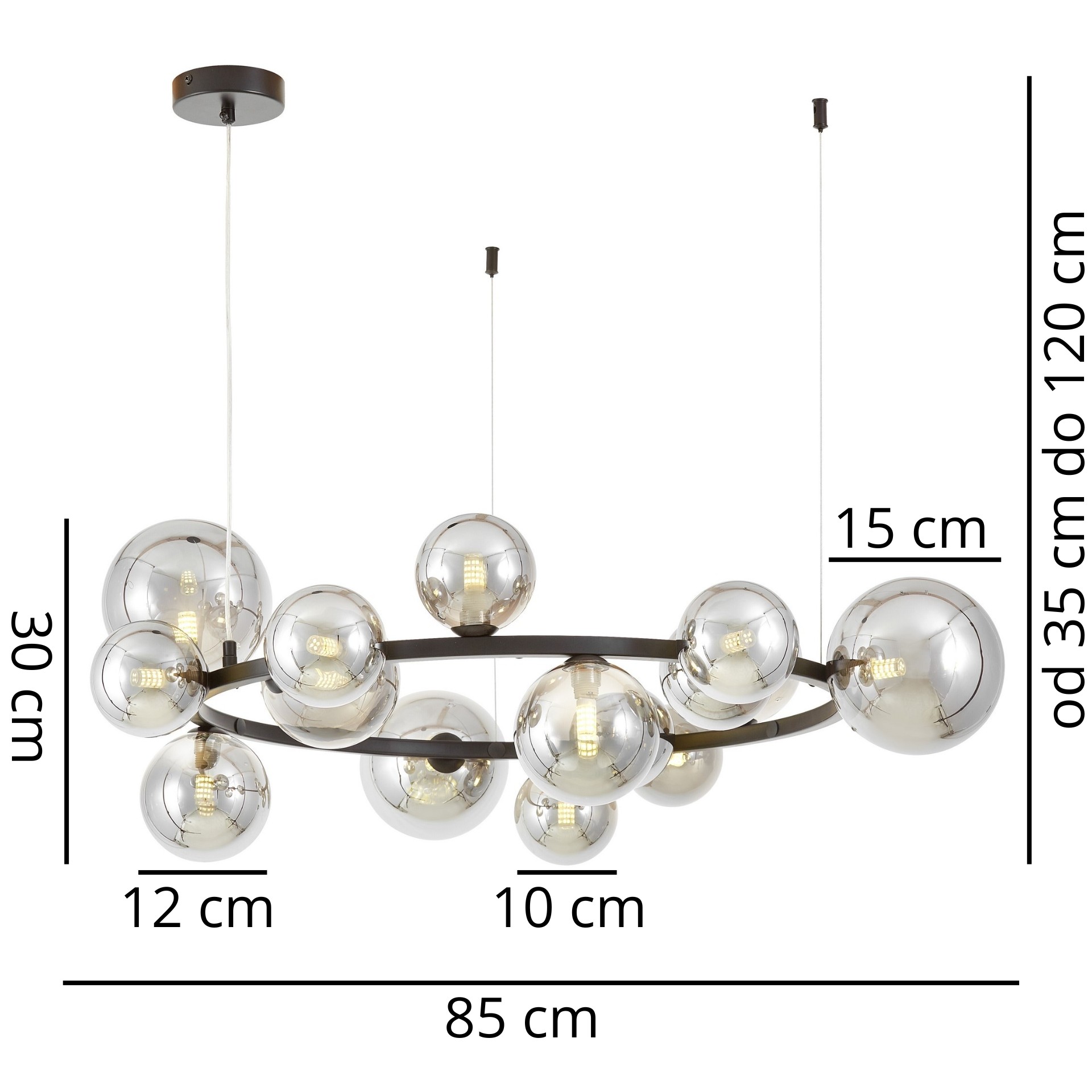 NOWOCZESNA LAMPA WISZĄCA CZARNO-DYMIONY MERIDO W15 - wymiary