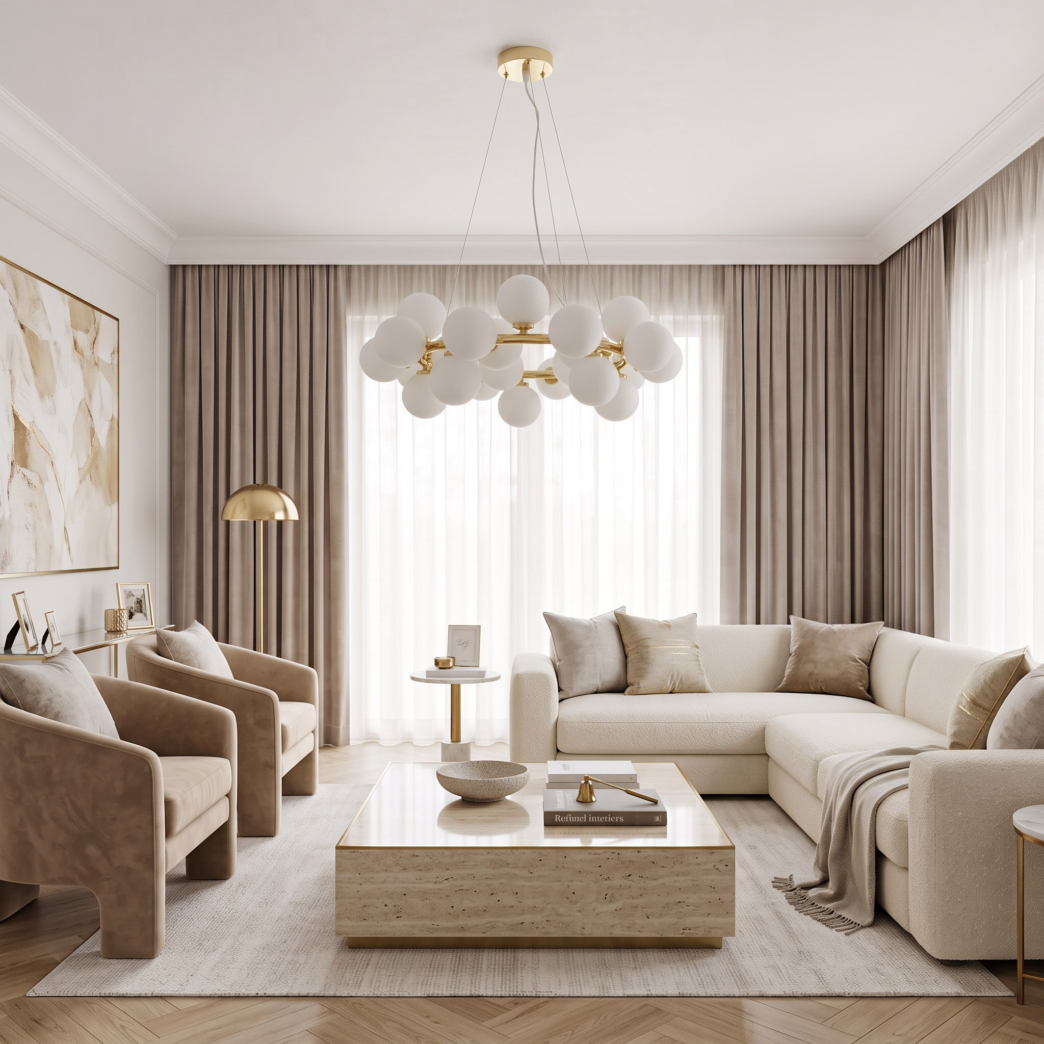 Nowoczesna lampa wisząca złota z białymi kulami MARSIADA 25 Lumina Deco – eleganckie oświetlenie do salonu w stylu nowoczesnym