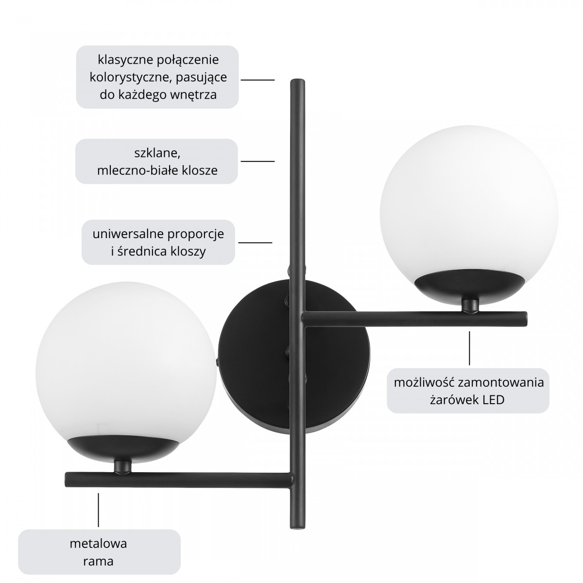 LAMPA ŚCIENNA KINKIET NOWOCZESNY CZARNY LEDO W2