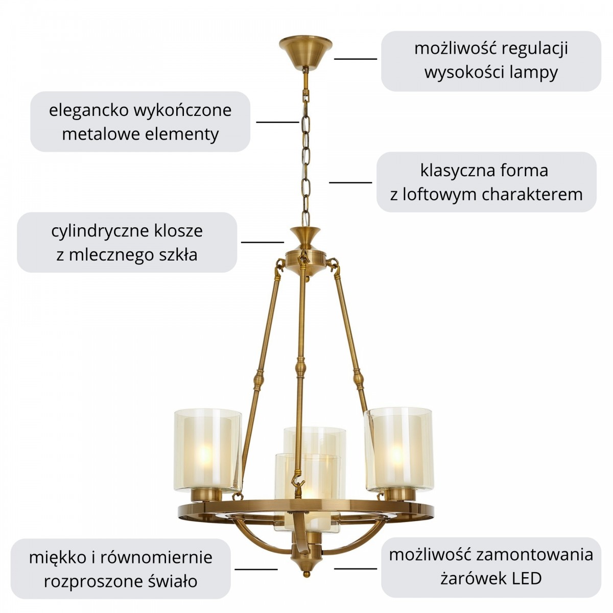 LAMPA WISZĄCA LOFT ZŁOTA SZCZOTKOWANA SANTINI W4