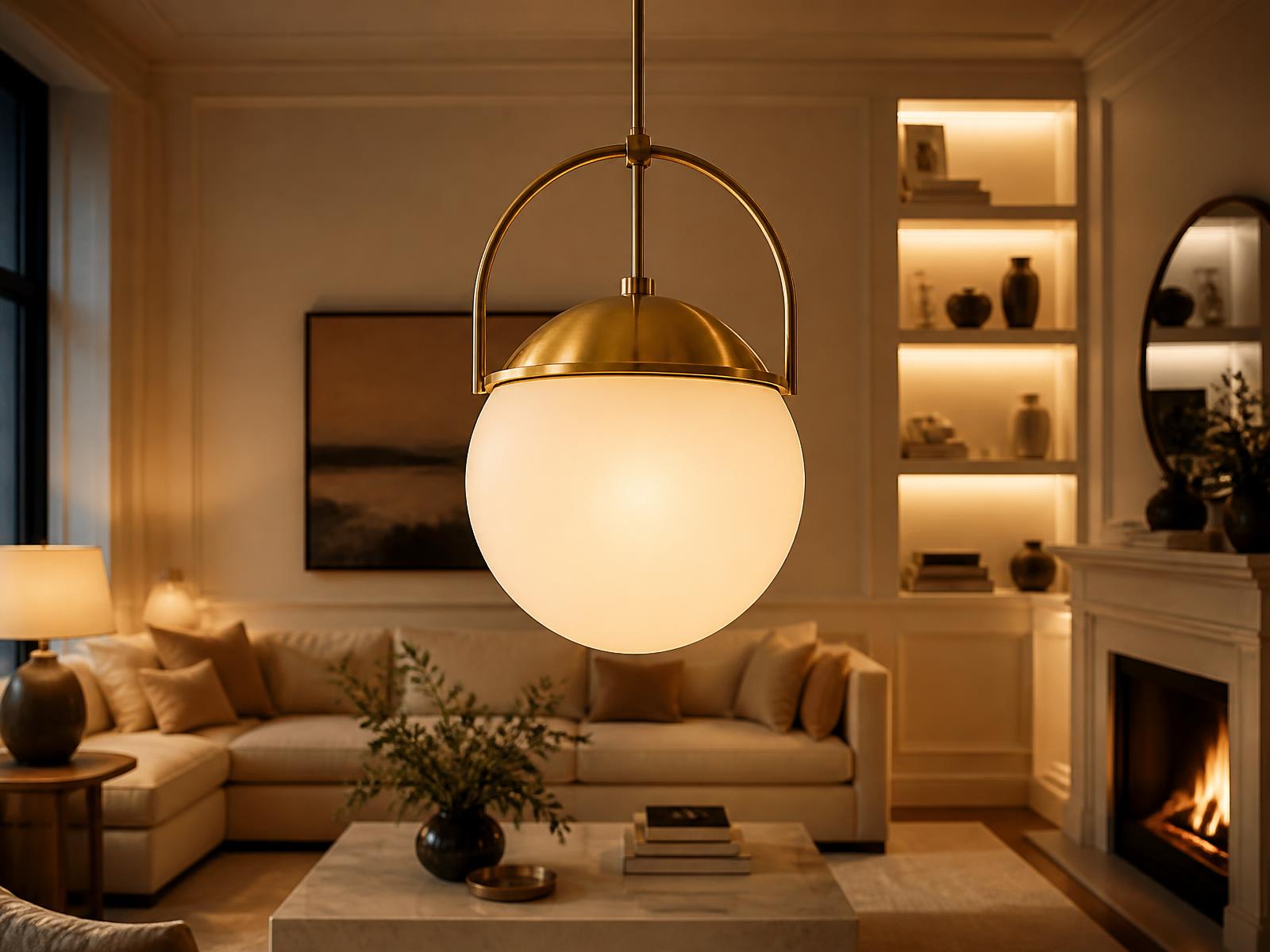Salon z mosiężną lampą wiszącą z białym szklanym kloszem